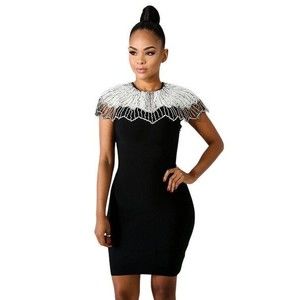 Vici Black Pearled Collar Neckline Bondage Fitted Mini Dress Sz S